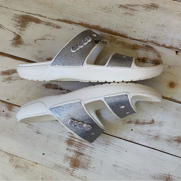 CROCS glitter sandals slides white silver NWOT women’s sz 11 - Picture 5 of 10